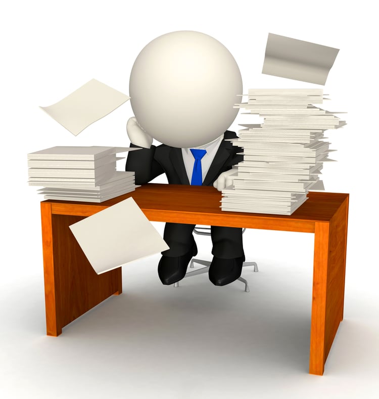 3D busy business man with a pile of work on his desk - isolated