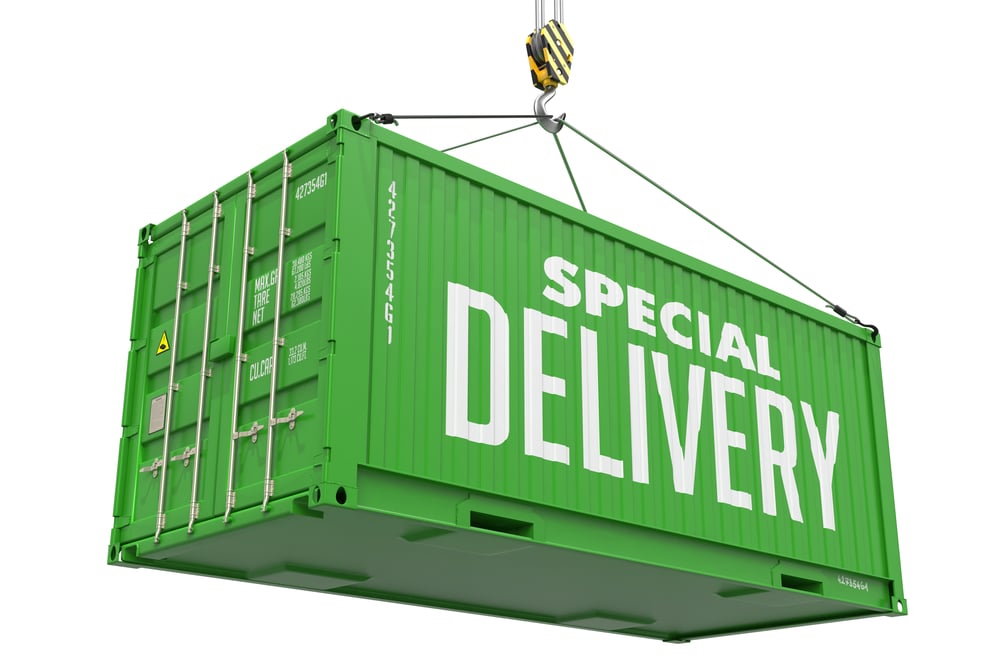 Special Delivery -Green  Cargo Container hoisted by hook, Isolated on White Background.