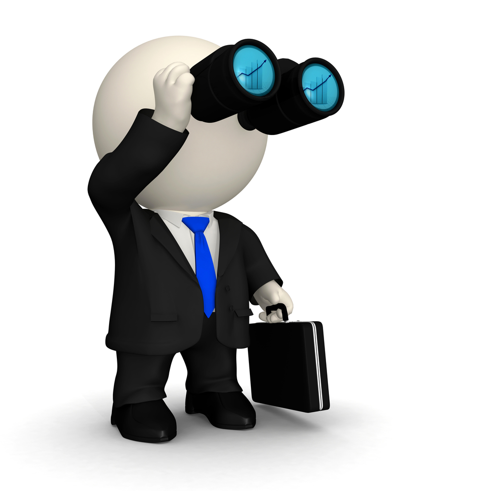3D business man looking through binoculars at a far distant success - isolated