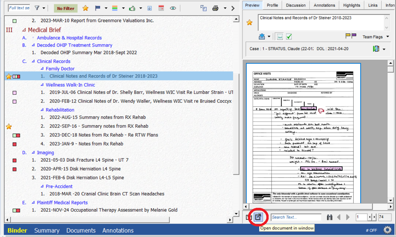 Primafact binder view with preview panel displayed; document pop-up button opens selected document in a separate window. 
